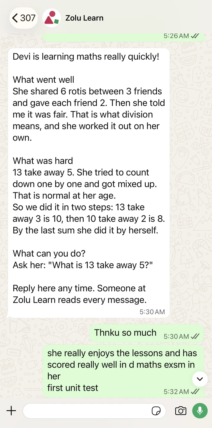 A WhatsApp chat with Zolu Learn. Zolu's note says Devi is learning maths really quickly, describes how she shared six rotis between three friends, how 13 take away 5 was hard and how they did it in two steps, and suggests a question to ask at dinner. The parent replies with thanks and says she scored well in her first unit test.